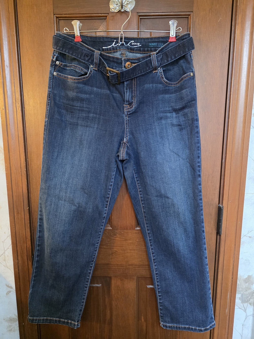 INC International Concepts Dark Blue Skinny-Leg Crop Curvy Fit Jeans w Belt Sz 8
